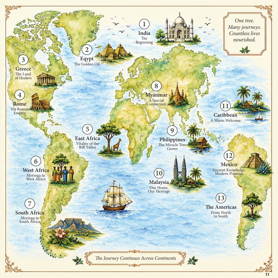 Illustrated world map from the book showing Moringa's journey across 13 places, from India to the Americas